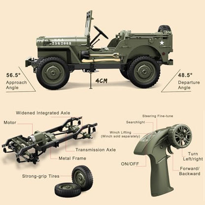 1/10 Willys RC Jeep Toy, 2.4GHz 4x4 Off-Road Crawler | RTR with 2 Batteries, All Terrain Remote Control Truck Vehicle for Kids & Adults - color: C8815-oliver Green