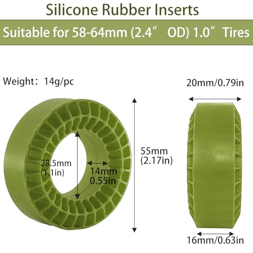 4PCS Silicone Rubber Inserts Foam for 58-64mm (2.4” OD) 1.0 Tires, RC Car Tire Inserts for TRX4M SCX24 1/18 1/24 Crawler Tires (Green) - color: 1.0in Gjltnc-green