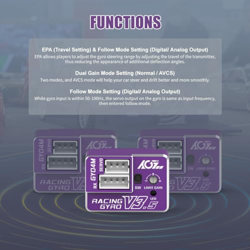 AGFRC 4g AVCS Gyro for RC Mini-Z Drift Car (GY04M V3.5 Purple) | CNC Case, 3.7-8.4V, 20mA, AVCS & Normal Dual Modes, 32-bit PID Control, for Mini-Z, Competition Grade RC Drifting - color: Purple