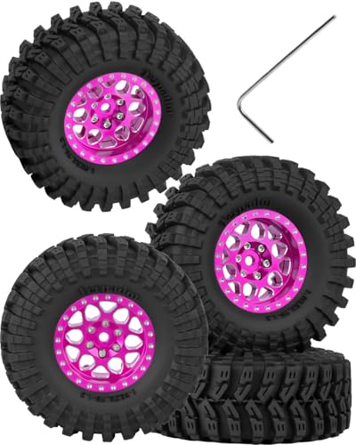 RC 1.3 Beadlock Wheels and Tires for 1/18 TRX4M 1/24 SCX24 FCX24 RC Crawler Car,4pcs RC 1.3 in Brass Rims & Aluminum Beadlock Wheels Rims and Tires,Pink - color: Pink - (4pcs 1.3 Tires)