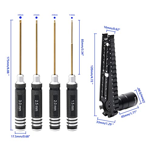4 in 1 Multi Use 16-32mm RC Ride Height Gauge & 17mm Nut Driver & Turnbuckle Wrench & Screws Length Measurement Tool & Hex Screwdriver Set for 1/8 1/10 RC Cars, Pack of 5