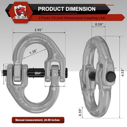 2 Pack 1/2" Safety Chain Connector Link, G80 Tow Hitch Hammerlock Coupling Link, Tow Chain Connector with 12000 lbs Loading (Gray) - color: Gray