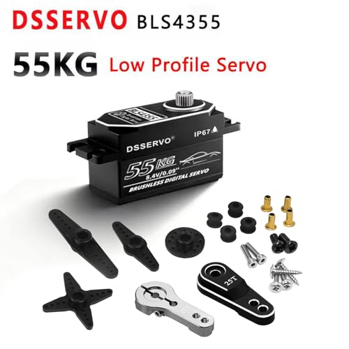 55kg Low Profile Brushless Servo with 2PCS 25T Servo Horn All Metal IP67 Waterproof Digital Servo High Torque Fast Steering Servo for 1/8 1/10 1/12 1/14 RC Car, 180°