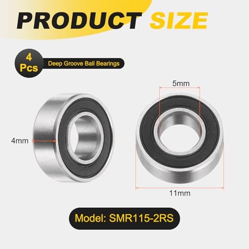 uxcell 4Pcs SMR115-2RS Deep Groove Ball Bearings, 5x11x4mm 440C Stainless Steel Double Shielded Bearings, ABEC 5 - size: 5x11x4mm
