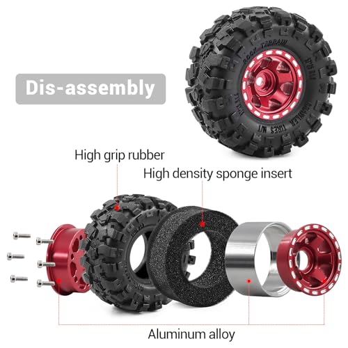 1.0" Beadlock Aluminum Wheels and 57mm Soft Rubber Tires | for SCX24, TRX4M, Ascent 18, FCX24, 1/18 1/24 RC Crawler, 7mm Hex, 0mm Offset, with Foam Inserts, (Red 3) - color: Red 3
