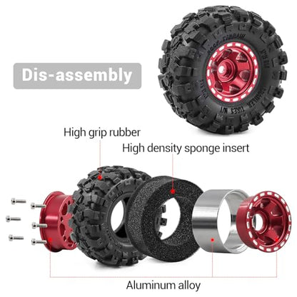 1.0" Beadlock Aluminum Wheels and 57mm Soft Rubber Tires | for SCX24, TRX4M, Ascent 18, FCX24, 1/18 1/24 RC Crawler, 7mm Hex, 0mm Offset, with Foam Inserts, (Red 3) - color: Red 3