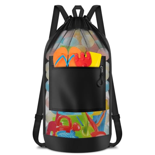 BROTOU Beach Mesh Backpack with Double Shoulder Strap | Swim Pool Toys Balls Storage Bags Gym backpack, Beach Toy Shells Organizer - color: Black backpack-L