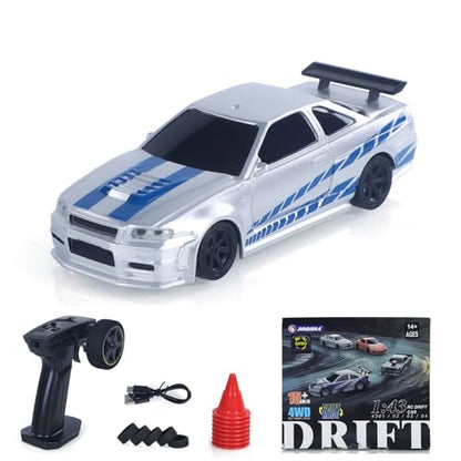 1:43 RC Drift Car 4WD High Speed Racing Vehicles 4304A 2.4GHz RTR Mini Car Model Radio Battery Lights Gyroscope Hobby Grade Model Birthday for Ages 14+ - color: Silver and Blue