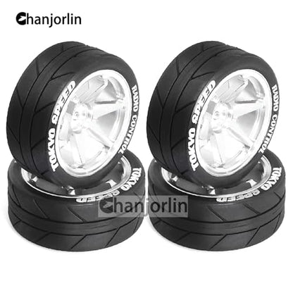 1/10 On Road Tires and Aluminum Wheels 12mm Hex RC Rally Racing Tyres OD 2.56" for Tamiya TT01 TT02 XV01 TA06 A959 PTG2 HPI KYOSHO PTG2 Traxxas 1:10 Street Touring Drift Car 4PCS (Silver) - color: Silver