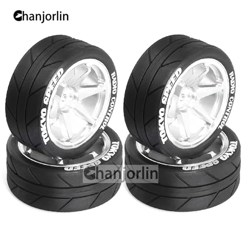 1/10 On Road Tires and Aluminum Wheels 12mm Hex RC Rally Racing Tyres OD 2.56" for Tamiya TT01 TT02 XV01 TA06 A959 PTG2 HPI KYOSHO PTG2 Traxxas 1:10 Street Touring Drift Car 4PCS (Silver) - color: Silver