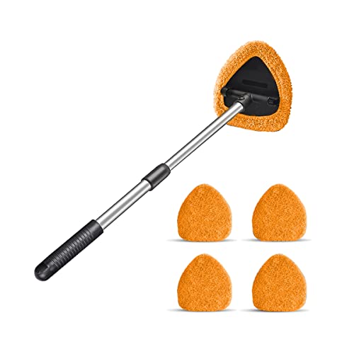 Moly Magnolia Windshield Cleaner Tool, 4 Pads, 19.29 Inch Reach, Orange | For sedans, SUVs, trucks, washable microfiber covers, 180° swivel head, aluminum shaft, PP grip, car interior accessories - color: Orange