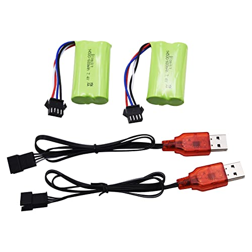 Blomiky 2 Pack 7.4V 2S 600mAh Li-ion Rechargerable Battery with SM-4P Plug and Charger Cable Compatible with Some Water Ball Blasters and DE85 RC Cars/JF-71A Battery