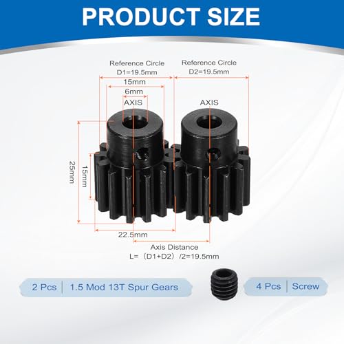 uxcell 2Pcs 1.5 Mod 13T Spur Gear 6mm Bore, 1045 Steel Pinion Gear Black Surface Treatment, 20° Pressure Angle, for Spur Rack and RC Model Car or Motor DIY(15mm) - size: 1.5 Mod 13T, 6mm x 15mm