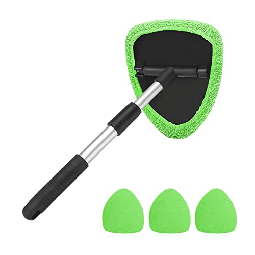 Windshield Cleaning Tool, Car Window Cleaner with Extendable Long Handle and 4 Washable Reusable Microfiber Pads, Auto Interior Exterior Glass Wiper Cleaning Kit Universal for Office and Home (Green) - color: Green