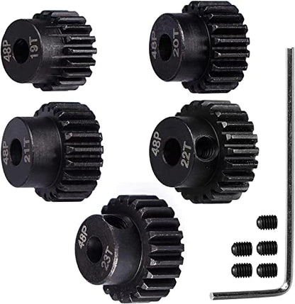 48P Hardened Steel Upgrade Pinion Gear Set: 19T 20T 21T 22T 23T fit 3.175mm (1/8-Inch) RC Motor Shaft (Work with Steel Spur Gear) for RC Cars, Set of 5