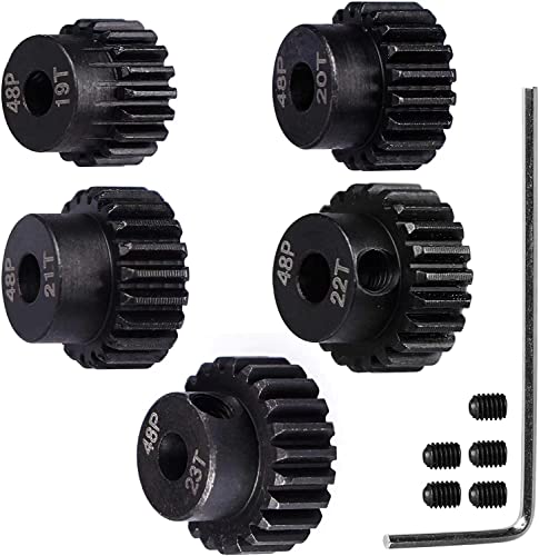48P Hardened Steel Upgrade Pinion Gear Set: 19T 20T 21T 22T 23T fit 3.175mm (1/8-Inch) RC Motor Shaft (Work with Steel Spur Gear) for RC Cars, Set of 5