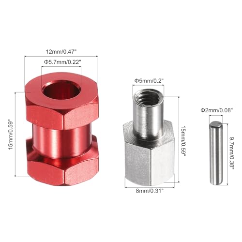 Generic 4pcs 12mm Wheel Hex Drive Hubs Adapter Combiner Coupler, Aluminum 15mm Extension with Nut Latch for 1/10 RC Crawler Car Parts, Red