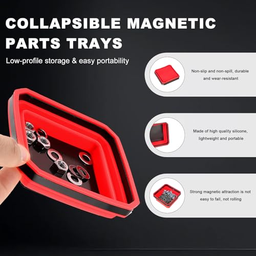 Collapsible Magnetic Parts Tray, 4.5" Square Metal Parts Organizer with Dual-Sided Magnetic Base, Foldable Tools Tray Silicone Storage Bowl for Screws Bolts Nuts Washers Pins (Red) - color: Red