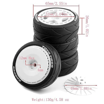 Lifehead 65mm On Road Rubber Tires& Wheels Rims 12mm Hex Hub for HPI Ken Block's Tamiya XV01 TT01 TT02B Kyosho FAZER MK2 Lc Racing PTG HSP RGT RC 3RACING D5 1/10 RC Rally Car - color: White 1