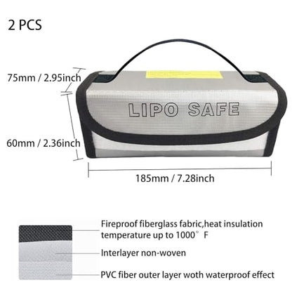 2PCS 185 * 75 * 60mm Battery Safe Bag Fireproof Charging Bag for RC Lipo Battery Pack Storage Charging Transport Home Office Travel Lipo Safe Storage Pouch - size: 185x75x60mm (2 pcs)
