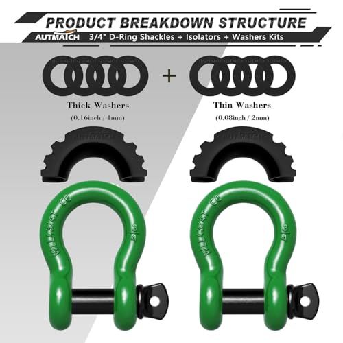 AUTMATCH 3/4" D Ring Shackles (2-Pack) - 41,887 lbs Break Strength | Clevis Shackle with 7/8" Pin & Isolator Washer Kit for Tow Strap, Winch, Towing & Off-Road Vehicle Recovery, Dark Green - color: Dark Green & Black
