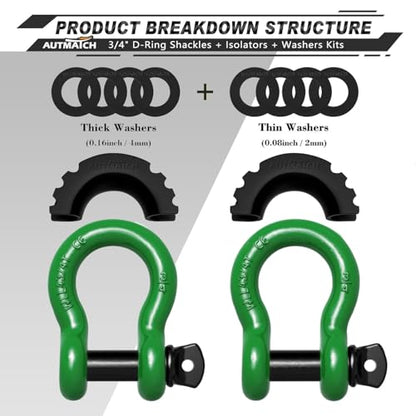 AUTMATCH 3/4" D Ring Shackles (2-Pack) - 41,887 lbs Break Strength | Clevis Shackle with 7/8" Pin & Isolator Washer Kit for Tow Strap, Winch, Towing & Off-Road Vehicle Recovery, Dark Green - color: Dark Green & Black
