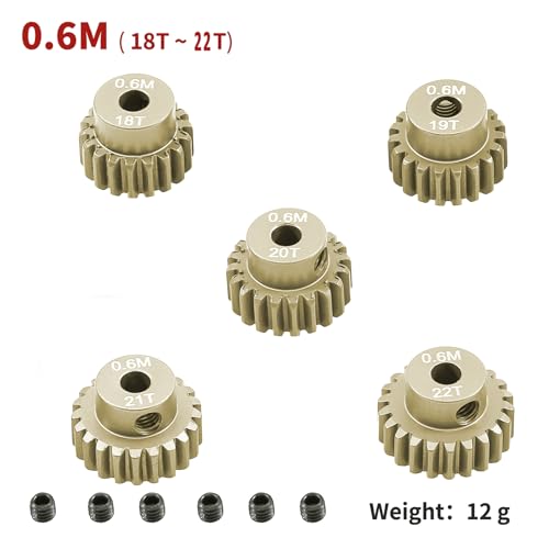 M0.6 Pinion Gear Set 3.175mm 18T 19T 20T 21T 22T 5PCS 7075Aluminum Alloy Metal Pinion Motor Gear for 1/10 RC Car Brushed Brushless Motor (5PCS)… - size: 0.6M-P-18-22T