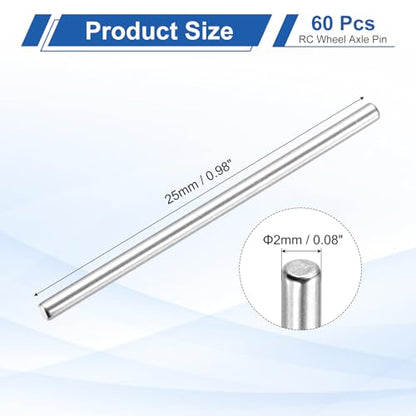 MECCANIXITY 60 Pack Dowel Pin Wheel, 2x25mm Steel Hex Wheel Hub Nut Pin Replacement for DIY RC Car Truck Boat Helicopter Model Part, Silver - size: 2x25mm