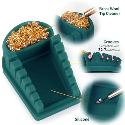 YIHUA S200 Green Heat-Resistant Silicone Soldering Wire Holder with Brass Wool Cleaner, 6 Grooves, Storage Tray, Helping Hands Soldering Wire Welding Fixture, Compatible Diameter 32-7AWG - color: Green