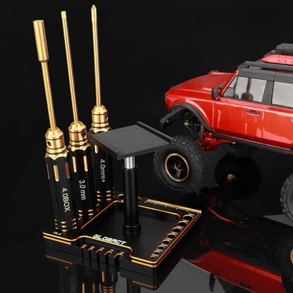 Multifunctional RC Car Stand RC Work Stand RC Repair Stand 360° Rotation Lift Or Lower with RC Screwdrivers for TRX4M SCX24 AX24 FMS FCX24 1/16 1/18 1/24 RC Crawler Truck Buggy (Black Gold)