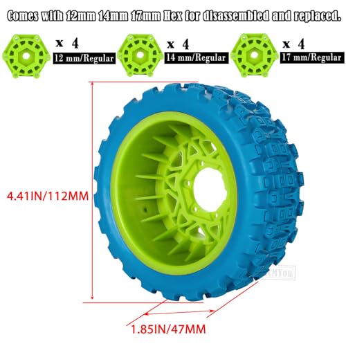 RC F/R Wheels and Tires Set w/Detachable Replace Running on Off-Road Tire RC Wheel Hex for 1/10 Slash 4WD 4×4 2WD/Arrm a Senton/Axia1/Rc 4wd/Redca t,12mm/14mm/17mm Hex,Green-Navy Blue（4PCS - color: Green-navy Blue(rc Wheels Tires)