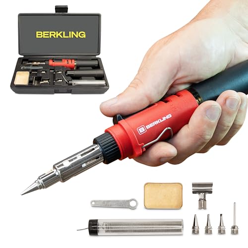 Berkling BSG-568 Cordless Butane Soldering Iron Kit, 5 Tips & Solder Wire | 3-in-1: Soldering Iron, Heat Gun & Torch, Self-Igniting, Adjustable Flame, 90-Min Runtime, Case, Wrench & Sponge Included