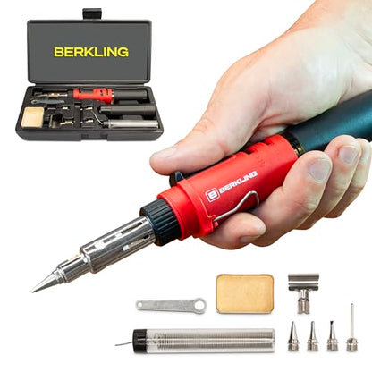 Berkling BSG-568 Cordless Butane Soldering Iron Kit, 5 Tips & Solder Wire | 3-in-1: Soldering Iron, Heat Gun & Torch, Self-Igniting, Adjustable Flame, 90-Min Runtime, Case, Wrench & Sponge Included