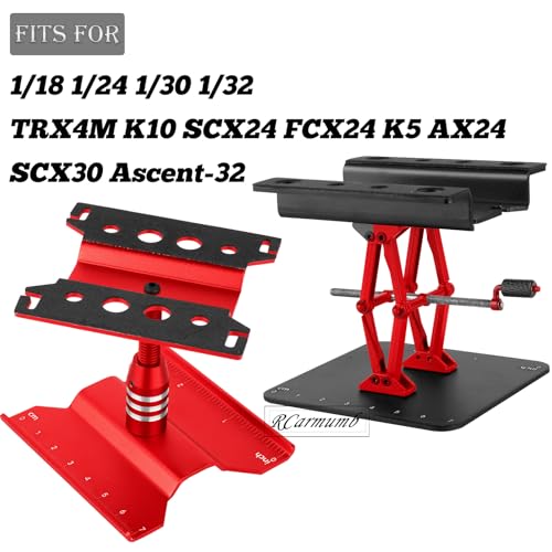 2-Pack RC Work Stand Bundle for 1/18 1/24 1/30 1/32 TRX4M K10 SCX24 FCX24 K5 AX24 SCX30 Ascent-32, 360° Rotating Display Stand & Height Adjustable Lift Table w/ 4 Pcs Jack Stands,Red & Black w/Green - color: Black&red&green(1set)