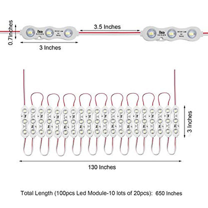Lulin 100PCS Waterproof Super Bright Led Strip Lights White, 46FT DC12V 3 LED Module for Letter Sign Advertising Sign with Tape Adhesive Backside - size: 1.5W-100PCS