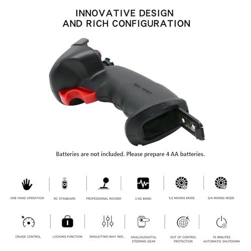 HOTRC DS-4A One-Hand RC Controller System with E-6A 6CH Receiver, 2.4GHz FHSS Transmitter with Cruise Control, Up to 400m Range for RC Crawler, Trail Truck, Drift Car, Boat and Robot