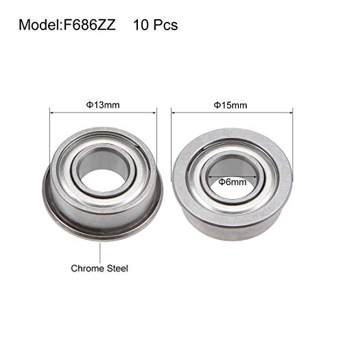 uxcell F686ZZ Flanged Ball Bearing 6x13x5mm Chrome Steel Bearings Double Shielded 10 Pcs - size: 6x13x5mm