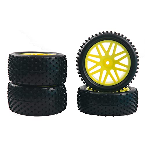 16-Spoke OD 86mm/3.38'' 16-Spoke 12mm Hex Hub Wheel Rims & Rubber Tires Compatible with Redcat Tornado HPI HSP Kyosho Losi 1/10 Scale Off Road Buggy (Yellow) - color: Yellow