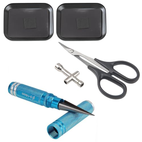 0-14mm RC Expanding Hole Puncher Opener Reamer Tool RC Body Shell Drills Tool & 2Pcs Aluminium Screw Tray with Magnetic Pad & 1Pcs RC Curved Body Trimming Scissors & 1Pcs Wheel Hub Cross Socket Spanne