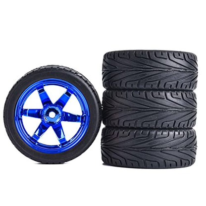 4PCS 1:10 RC Tires and Plastic Wheels Rims for 1/10 Scale On Road Touring Racing Drift Car HSP HPI Tamiya (Blue) - color: Blue