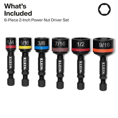 Klein Tools 32926S 2-Inch Magnetic Power Nut Setters, Compact Impact Driver Set, Color-Coded, SAE, Impact-Rated, 6-Piece - size: 2-Inch / 6-Piece Set, SAE
