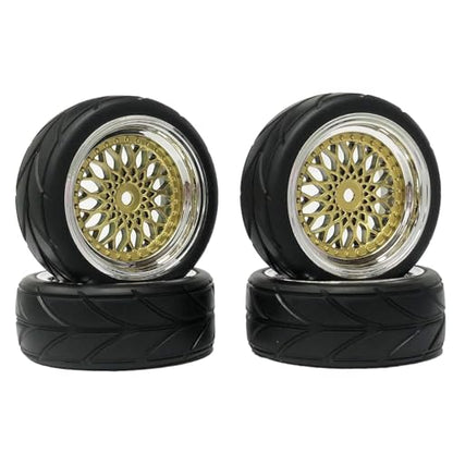 4PCS 64mm Rubber Tires and Plastic Wheel Rims Set 12mm Hex Replacement Part for Sakura Tamiya TT02 HPI HSP Kyosho 1/10 RC On Road Run-flating Touring Racing Car Tyre(Gold Silver,Offset:9MM) - color: Gold Silver, size: Offset:9mm