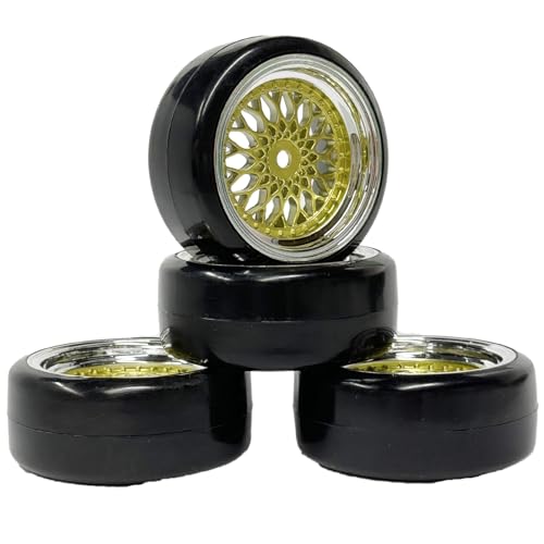4PCS 1/10 RC Drift Car Tires Smooth Hard Tyre Plastic Plating Wheel Rims Set Replacement for HSP Tamiya HPI Kyosho On-Road Drifting Car (Gold Silver) - color: Gold Silver