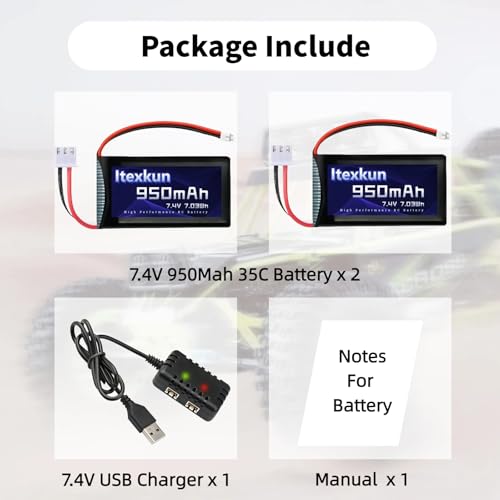 SCX24 Battery 2 PCS 7.4V 950mAh 35C Li-po Batteries with PH2.0 Plug for Axial SCX24 RC Truck with 2S Charger