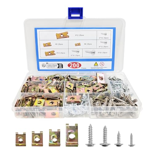 200PCS Car U‑Clips with Screw Assortment Kit, #6/8/10/12 4 Sizes U-Style Clip-On Nuts Automotive Screws, Metal U-Type Fasteners Retainers for Dash Door Panel Interior Trim