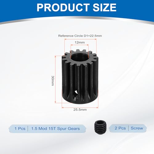 uxcell 1.5 Mod 15T Spur Gear 12mm Bore, 1045 Steel Pinion Gear Black Surface Treatment, 20°Pressure Angle, for Spur Rack and RC Model Car or Motor DIY - size: 1.5 Mod 15T, 12mm