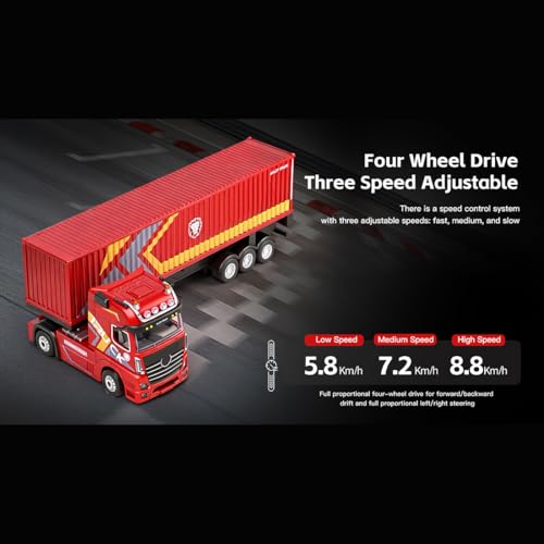 1/64 Scale 4WD RC Container Truck, 2.4GHz Proportional Semi Trailer RTR/Red | ABS Construction, Independent Trailer Control, Light & Sound, Collectors and Hobbyists, Indoor Display, Racing Wheels Include