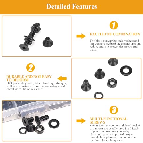 385 Pieces M4 Screws Nuts Washers Set Black, Sutemribor M4 x 6/8/10/12/16/20/25mm Countersunk Head Socket Cap Screws Nuts Washers Assortment Kit, 10.9 Grade Alloy Steel, Fully Threaded - size: M4, style: Countersunk Head Socket Cap