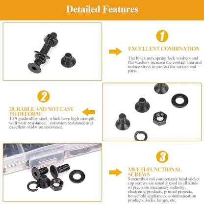 385 Pieces M4 Screws Nuts Washers Set Black, Sutemribor M4 x 6/8/10/12/16/20/25mm Countersunk Head Socket Cap Screws Nuts Washers Assortment Kit, 10.9 Grade Alloy Steel, Fully Threaded - size: M4, style: Countersunk Head Socket Cap