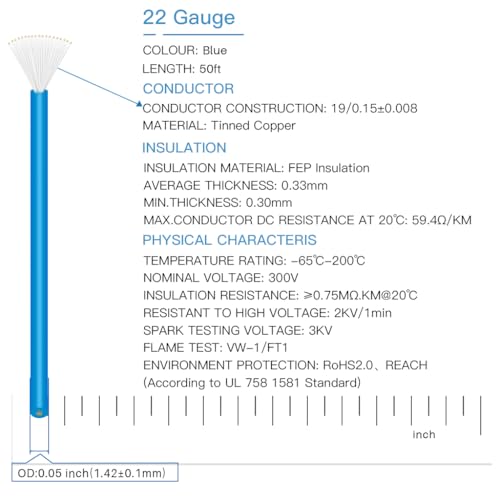 BNTECHGO 22AWG FEP Teflon Coated Wire Blue 50ft Tin-Plated Copper | 22 Gauge Strands Wire High-Temp FEP Insulation, -65°C to 200°C Rated, Aerospace Wiring, Medical Wiring, Scientific Equipment - size: 50ft Blue